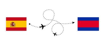 Flug und Reise von Spanien nach Kambodscha mit dem Reisekonzept für Passagierflugzeuge vektor