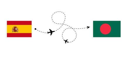 Flug und Reise von Spanien nach Bangladesch mit dem Reisekonzept für Passagierflugzeuge vektor