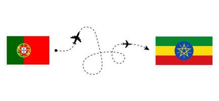 Flug und Reise von Portugal nach Äthiopien mit dem Reisekonzept für Passagierflugzeuge vektor