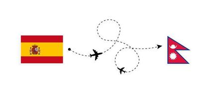 Flug und Reise von Spanien nach Nepal mit dem Reisekonzept für Passagierflugzeuge vektor