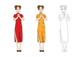 kinesisk kvinna i traditionell röd qipaoklänning. nyår människor hälsning. vektor illustration.