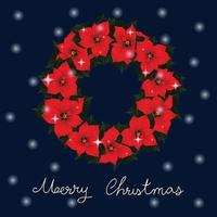 röd julstjärna krans och vit snö jul gratulationskort på blå bakgrund vektor