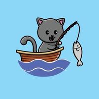 söt katt fiske i havet på båt vektor ikon illustration. rekreation ikon koncept isolerade premium vektor. platt tecknad stil