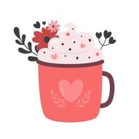 Valentinstag heißes Getränk. Kaffeetasse mit Sahne, Herzen und Blumen vektor