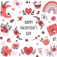 Valentinstag-Grußkarte. Herzen, Liebestrank, Geschenkbox, Champagner, Verlobungsring vektor