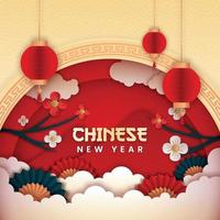 Chinesisches Neujahr Papierschnitt Stil Vektor. Poster oder Banner mit Laternen und Blumen. mit asiatischem Konzept. vektor