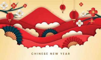chinesischer papierstilvektor des neuen jahres. Poster oder Banner mit Laternen und Blumen, die für das chinesische Neujahrsfest geeignet sind. vektor