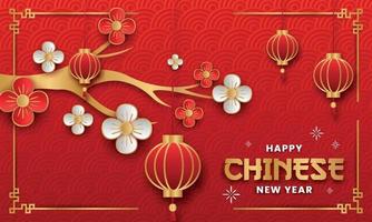 Frohes chinesisches neues Jahr-Papier-Stil-Vektor-Design. Flyer oder Poster Chinesisches Neujahr mit Laterne und chinesischer Wolke. vektor