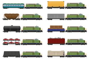 Stellen Sie Ikonen Eisenbahnzug mit Lokomotive und Wagenvektorillustration ein vektor