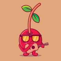 Süßes Kirschfrucht-Charaktermaskottchen, das Gitarre spielt, isolierte Karikatur im flachen Stil vektor