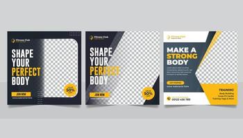 Fitness- und Fitnessförderung Social-Media-Beitrag, formen Sie Ihren Körper Webbanner quadratisches Flyer-Vorlagendesign vektor