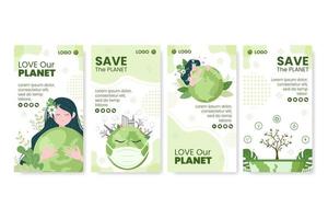 spara planet jorden berättelser mall platt designmiljö med miljövänlig redigerbar illustration fyrkantig bakgrund till sociala medier eller gratulationskort vektor