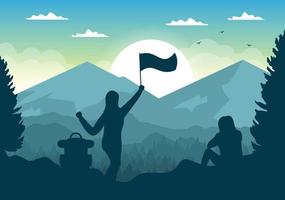 Sonnenaufgangslandschaft der Morgenszene Berge, Hügel, See und Tal in flacher Natur für Poster, Banner oder Hintergrundillustration