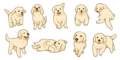 Cartoon verspielter Golden Retriever-Welpen-Illustrationssatz vektor