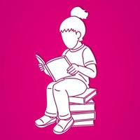 kleines Mädchen liest ein Buch und sitzt auf Büchern vektor