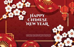 Laterne Blumenfan Frohes chinesisches Neujahrsfest rote Grußkarte vektor