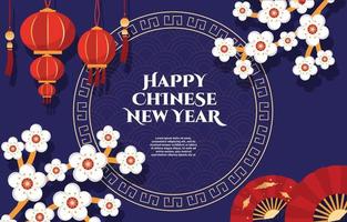 blumenlaternenfan frohes chinesisches neujahr feier blaue grußkarte vektor