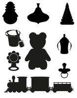 Symbol von Spielzeug und Zubehör für Babys und Kinder schwarze Silhouette vektor
