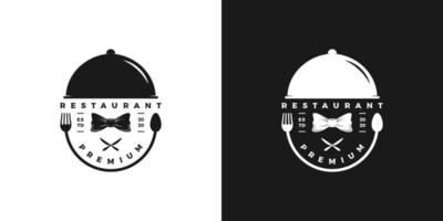 Eleganter, luxuriöser, Vintage-Silhouette-Restaurant-Logo-Design-Vektor mit Fliege, Löffel, Tafelmesser und Lebensmittelabdeckung vektor