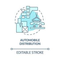 Automobilverteilung türkisblaues Konzeptsymbol. Autos liefern. Handelsunternehmensservice, der abstrakte Idee dünne Linie Illustration zur Verfügung stellt. Vektor isolierte Umriss-Farbzeichnung. bearbeitbarer Strich