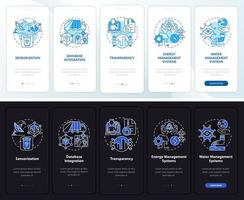 Digitalisierung des Stadtmanagements beim Onboarding der mobilen App-Seitenseite. Tech Walkthrough 5 Schritte grafische Anweisungen mit Konzepten. ui, ux, gui-Vektorvorlage mit linearen Nacht- und Tagmodus-Illustrationen vektor