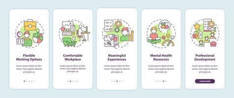 personalförmåner ombord på mobilappsidan. arbetsplats och miljö genomgång 5 steg grafiska instruktioner med koncept. ui, ux, gui vektormall med linjära färgillustrationer vektor