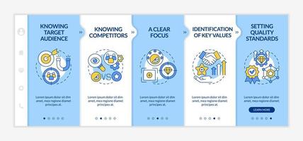 Anzeichen für eine gute Marken-Onboarding-Vektorvorlage. Responsive mobile Website mit Symbolen. Webseiten-Walkthrough-Bildschirme in 5 Schritten. Business-Marketing-Farbkonzept mit linearen Illustrationen vektor