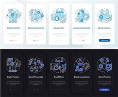 Schlüsselelemente der Marke dunkler und heller Bildschirm beim Onboarding der mobilen App. Business Walkthrough 5 Schritte grafische Anweisungen mit Konzepten. ui, ux, gui-Vektorvorlage mit Nacht- und Tagmodus-Illustrationen vektor