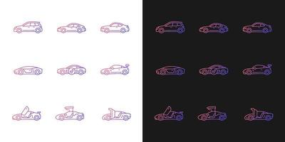 Sportwagenmodelle mit Farbverlaufssymbolen für den dunklen und hellen Modus. nicht standardmäßige Türdesigns. Bündel von dünnen Kontursymbolen. isolierte Vektor-Umriss-Illustrationen-Sammlung auf Schwarz und Weiß