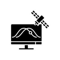 satellitspårning svart glyfikon. artificiella satelliter kretsar observation, positionering genom speciell tillämpning. siluett symbol på vitt utrymme. vektor isolerade illustration