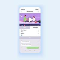 Film-App-Smartphone-Schnittstellenvektorvorlage. Layout der mobilen App-Seite. Video-Streaming-Plattform. Filme zusammen mit dem Bildschirm von Freunden ansehen. flache ui für die anwendung. Telefondisplay vektor