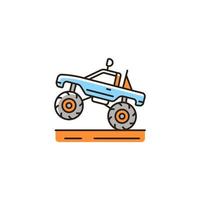 monster truck racing rgb färgikon. pickup med överdimensionerade däck. tävlings- och underhållningsevenemang. stuntkörningsupplevelse. motorsport. isolerade vektor illustration. enkel fylld linjeritning