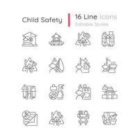 Lineare Symbole für Kindersicherheit eingestellt. Sicherheitsvorkehrungen für Babys. Halten Sie gefährliche Dinge von Kindern fern. anpassbare Kontursymbole mit dünnen Linien. isolierte Vektorgrafiken. bearbeitbarer Strich