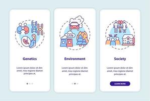 adhd orsakar onboarding mobil app sidskärm. genetik och miljö genomgång 3 steg grafiska instruktioner med koncept. ui, ux, gui vektormall med linjära färgillustrationer vektor