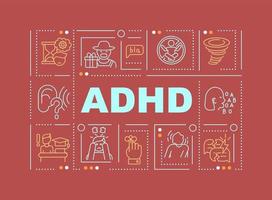 Adhd-Symptome Wortkonzepte Banner. psychische Störung im Kindesalter. Infografiken mit linearen Symbolen auf rotem Grund. isolierte kreative Typografie. Vektor-Umriss-Farbillustration mit Text vektor