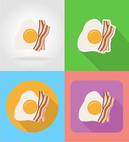 stekt ägg och bacon snabbmat platt ikoner med skugg vektor illustrationen
