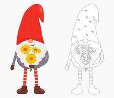 süßer valentinstagzwerg mit blumen in den händen. flache vektorillustration für st. Valentinstagsgeschenk, Karte, Druck, Dekoration. Gnome in Farbe und Umriss. vektor