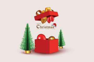 Weihnachtsdesign. realistische rote geschenkbox. Öffnen Sie eine Geschenkbox, die mit festlichen Dekorationsgegenständen gefüllt ist. Urlaubsbanner, Webposter, Flyer, stilvolle Broschüren, Grußkarten, Cover. romantischer Hintergrund vektor
