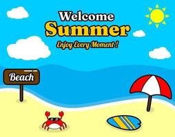 Sommerstrand- und Sandhintergrunddesign mit Text genießen Sie jeden Moment und das Sommerelementbrett, das Strand, Krabben und Regenschirm sagt vektor