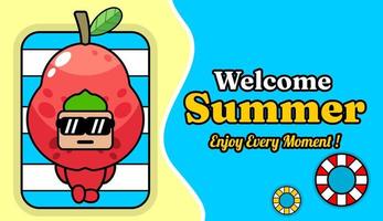 Sommerstrand- und Sandhintergrunddesign mit Text genießen Sie jeden Moment mit einem entspannenden Guavenfrucht-Maskottchenkostüm vektor
