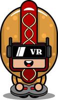 vektor seriefigur söt varmkorv mat maskot kostym spelar virtuell verklighet spel