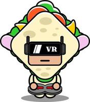 Vektor-Cartoon-Figur Maskottchen Kostüm süße Sandwich-Essen spielen Virtual-Reality-Spiel vektor