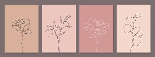 Vektor-Set von Monoline-Zeichnungsblumen, Blätter drucken Set, Natur eine Zeile botanische Poster. Kunst, ästhetische Kontur. Verwenden Sie für Wohnkultur, T-Shirt-Druck, Handyhülle vektor