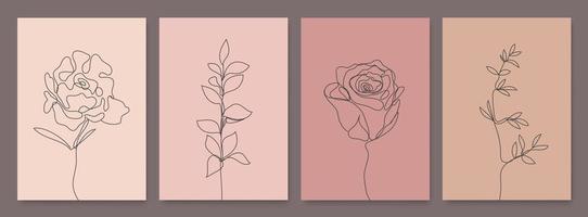 Vektor-Set von Monoline-Zeichnungsblumen, Blätter drucken Set, Natur eine Zeile botanische Poster. Kunst, ästhetische Kontur. Verwenden Sie für Wohnkultur, T-Shirt-Druck, Handyhülle vektor