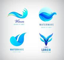 Vektor wellenförmige blaue Logos Set, Wasserwelle 3D-Gradientensymbole. Ozean, Meer-Konzept.