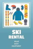 Skiverleih Vorlage. Ski- und Snowboardausrüstung. Wintersport vektor
