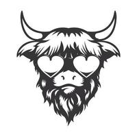 highland ko i kärlek huvud design med hjärta sungless. bondgårdsdjur. kors logotyper eller ikoner. vektor illustration.