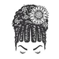 kvinna ansikte afro naturliga frisyr lockigt platt twist bun vintage frisyrer med blomma vektor linje konst illustration.