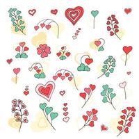 älskar doodles element. söt handritad uppsättning ikoner med hjärtan, växter, löv, bär i form av hjärtan. vektor illustration. design för utskrifter, kort och målarbok. alla hjärtans dag affisch
