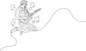 single line art doodle art bild av energisk ung gitarrist som hoppar på scenen och spelar gitarr. vektor illustration av en kontinuerlig linje ritning design. vektor illustration av doodle art design.